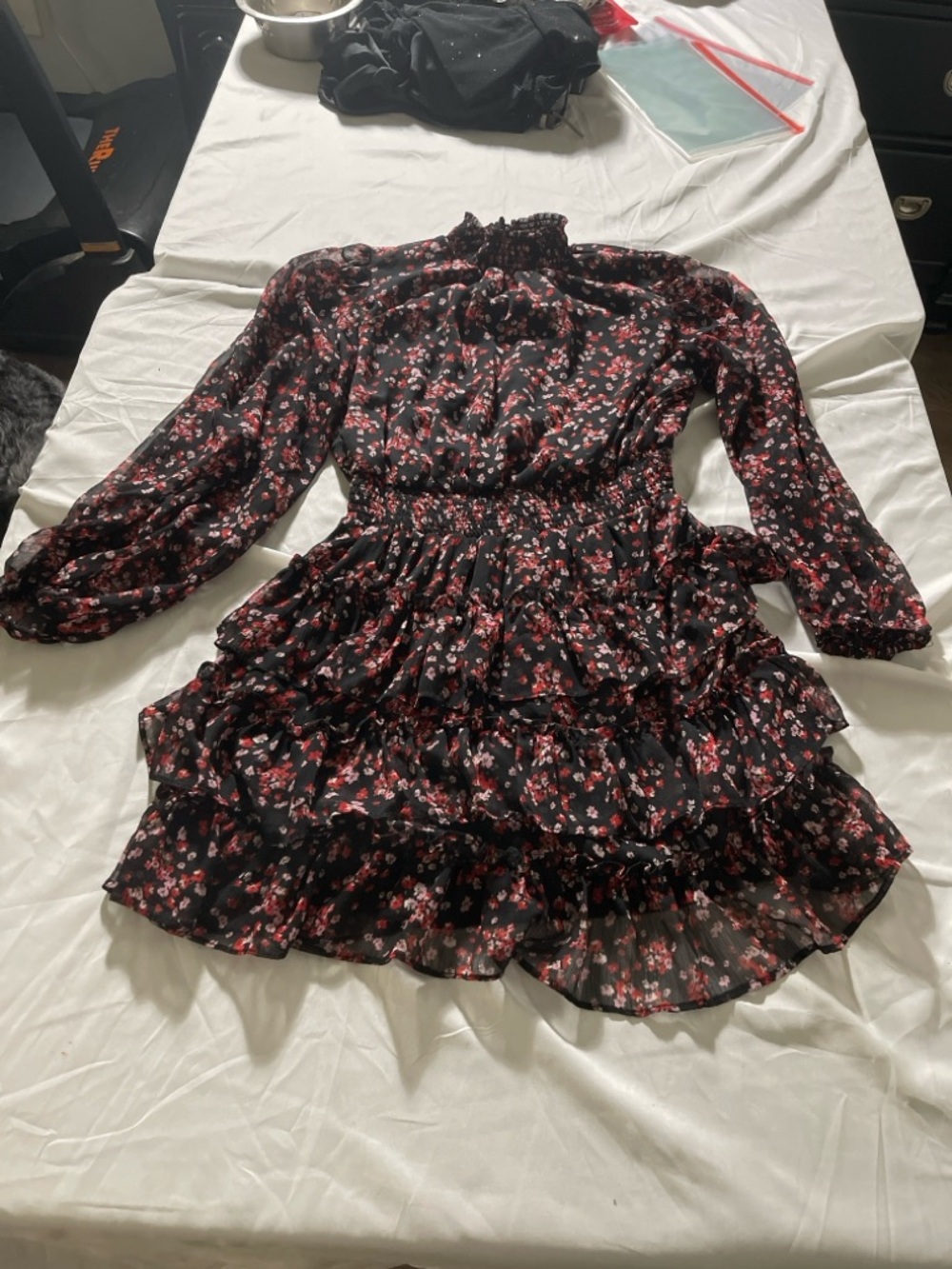 Floral Ruffle Tiered Mini Dress - Black with Pink Floral - Picture 6 of 11